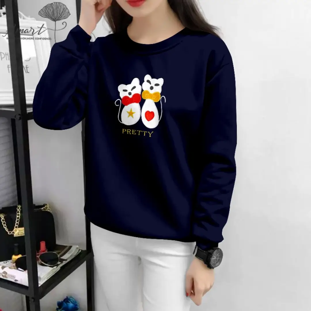 Classic Navy Blue Cotton Printed T-Shirt for Women